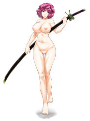 Rule 34 | 1girl, barefoot, breasts, censored, cleavage, curvy, female focus, full body, head tilt, hip focus, katana, large breasts, looking at viewer, namidame, navel, nipples, nude, ootachi, pink eyes, pink hair, saigyouji yuyuko, scabbard, sheath, sheathed, shiny skin, short hair, simple background, smile, solo, sword, thigh gap, touhou, uncensored, walking, weapon, white background