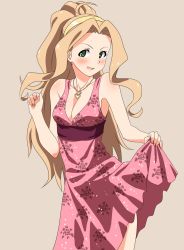 Rule 34 | 10s, 1girl, ahoge, bare shoulders, blush, breasts, cleavage, clenched hand, clothes lift, collarbone, dress, dress lift, floral print, green eyes, hair up, headband, highres, idolmaster, idolmaster million live!, jewelry, kaimuu (fahrenheit724), long hair, necklace, nikaidou chizuru, open mouth, pink dress, simple background, sleeveless, sleeveless dress, solo, sweatdrop
