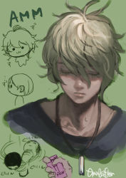 Rule 34 | 1boy, amami rantaro, closed eyes, closed mouth, collarbone, commentary request, danganronpa (series), danganronpa v3: killing harmony, facing viewer, green background, hair between eyes, jewelry, male focus, messy hair, multiple views, necklace, nyuukazai, portrait, shirt, short hair, signature, simple background, sketch, upper body