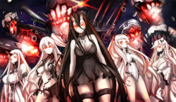 Rule 34 | 10s, 5girls, abyssal ship, aircraft carrier princess, airfield princess, battleship princess, black dress, black hair, bodysuit, breast hold, breasts, cannon, cleavage, dress, glowing, glowing eyes, highres, horns, kantai collection, large breasts, long hair, midway princess, monster girl, multiple girls, no panties, one side up, pale skin, parted lips, red eyes, seaport princess, serious, short dress, side ponytail, spaghetti strap, thigh strap, torn clothes, torn dress, turret, untue, very long hair, white hair, wristband