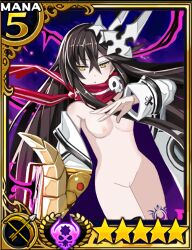 Rule 34 | alternate form, black hair, book, breasts, card (medium), cleft of venus, coat, faust (makai shin trillion), highres, lab coat, long hair, makai shin trillion, medium breasts, nepnep connect: chaos chanpuru, nipples, nude filter, open clothes, open coat, pussy, red scarf, scarf, skull ornament, third-party edit, waifu2x, yellow eyes