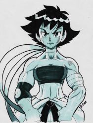 Rule 34 | 1girl, bandaged arm, bandages, bandaid, bandaid on face, bare shoulders, biceps, black hair, bra, breasts, bruise, choker, clenched hands, clothes around waist, collarbone, commentary, elbow pads, english commentary, injury, inktober, makoto (street fighter), marker (medium), medium breasts, monochrome, muscular, muscular female, rcasedrawsstuff, ribbon choker, serious, short hair, signature, solo, sports bra, standing, stomach, strapless, strapless bra, street fighter, street fighter iii (series), street fighter iv (series), tomboy, traditional media, underwear