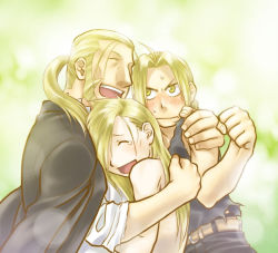 Rule 34 | 3boys, alphonse elric, belt, black shirt, blonde hair, blush, brothers, clenched hand, coat, edward elric, embarrassed, closed eyes, father and son, fingernails, frown, fullmetal alchemist, green background, hug, long hair, looking at another, male focus, multiple boys, nenone miya, open mouth, pants, ponytail, shirt, siblings, simple background, smile, sweatdrop, tears, van hohenheim, yellow eyes