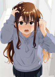 Rule 34 | 1girl, arm up, black skirt, blush, brown eyes, brown hair, clenched hand, drawstring, from above, grey hoodie, hair between eyes, hand in own hair, hand up, hood, hood down, hoodie, indoors, long hair, looking at viewer, looking up, mattaku mousuke, nose blush, open mouth, original, pleated skirt, skirt, solo, standing, sweat, twitter username, v-shaped eyebrows, very long hair, watermark, wavy mouth