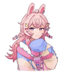 Rule 34 | 1girl, :3, ahoge, animal ears, bow, braid, closed mouth, efreezerarts, gradient hair, hair bow, hair ornament, hand up, heart, heart hair ornament, highres, long hair, long sleeves, looking at viewer, multicolored hair, phase connect, pink hair, pipkin pippa, pipkin pippa (1st costume), purple eyes, rabbit ears, rabbit hair ornament, simple background, sleeves past wrists, smile, smug, solo, star (symbol), star hair ornament, transparent background, twin braids, upper body, virtual youtuber