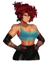 Rule 34 | 1990s (style), 1girl, abs, black pants, blue tank top, breasts, cleavage, commentary, crop top, cropped legs, david liu, elbow pads, english commentary, facial scar, hair bun, hand wraps, hands on own hips, highres, large breasts, maria (space maria), messy hair, midriff, multiple scars, pants, red eyes, red hair, retro artstyle, scar, scar on arm, scar on cheek, scar on face, scar on stomach, single hair bun, solo, space maria, sports bra, tank top, thick thighs, thighs, tight clothes, tight pants, updo, upper body, white background