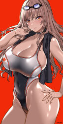 1girl aiuti black_one-piece_swimsuit breasts cleavage cowboy_shot dot_nose eyelashes female_focus glasses_on_head goddess_of_victory:_nikke grey_one-piece_swimsuit hand_on_own_hip huge_breasts large_breasts long_hair looking_at_viewer one-piece_swimsuit rapi_(nikke) red_background red_eyes shiny_skin smile solo standing swimsuit thick_thighs thighs wide_hips