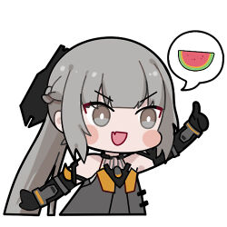 :d arm_up bare_shoulders bright_pupils chibi chibi_only chinese_commentary commentary_request dress euyueuy food fruit grey_dress grey_eyes grey_hair index_finger_raised long_hair lowres nanami:_pulse_(pgr) nanami_(pgr) official_art open_mouth ponytail punishing:_gray_raven simple_background smile spoken_food upper_body watermelon white_background white_pupils