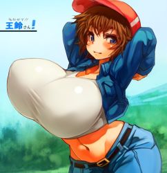 Rule 34 | 1girl, arms up, belt, blue eyes, blush, bouncing breasts, breasts, brown hair, crop top, denim, female focus, hat, huge breasts, jacket, jeans, midriff, navel, pants, sachito, shirt, short hair, smile, taut clothes, taut shirt