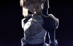 Rule 34 | 1girl, armor, armored dress, artoria pendragon (all), artoria pendragon (fate), black background, blonde hair, blue ribbon, braid, breastplate, cowboy shot, dress, faceless, faceless female, fate/stay night, fate (series), french braid, gauntlets, hair over eyes, highres, juliet sleeves, long sleeves, looking down, puffy sleeves, ribbon, roku (ntbr fate), saber (fate), solo