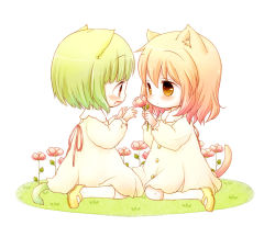 Rule 34 | 2girls, animal ears, blush, brown hair, cat ears, cat tail, child, eye contact, flower, green hair, kotohisa kao, looking at another, mary janes, multiple girls, original, shoes, short hair, simple background, sitting, tail, tears, wariza, white background