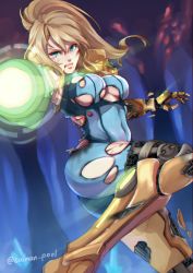 Rule 34 | 1girl, absurdres, aiming, aiming at viewer, aqua eyes, arm cannon, armor, armored boots, ass, blonde hair, blood, blood from mouth, blue bodysuit, bodysuit, boots, breasts, broken armor, caiman pool, cave, chromatic aberration, clenched teeth, covered navel, gauntlets, glowing, half-closed eye, hands up, high ponytail, highres, hip focus, impossible bodysuit, impossible clothes, injury, knee up, long hair, looking at viewer, medium breasts, metroid, nintendo, outstretched arm, parted lips, ponytail, powering up, samus aran, shoulder pads, skin tight, skindentation, solo, teeth, torn bodysuit, torn clothes, twisted torso, underboob, varia suit, weapon, zero suit