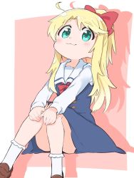 Rule 34 | 1girl, :3, ahoge, blonde hair, blue dress, blush, bobby socks, bow, brown background, brown footwear, closed mouth, colored shadow, commentary request, convenient leg, dress, drop shadow, green eyes, hair between eyes, hair bow, high ponytail, highres, himesaka noa, knees together feet apart, loafers, long hair, long sleeves, looking at viewer, ponytail, red bow, sailor collar, sailor dress, school uniform, shadow, shirt, shoes, sitting, sleeveless, sleeveless dress, socks, solo, sutora binsuke, thick eyebrows, two-tone background, very long hair, watashi ni tenshi ga maiorita!, white background, white sailor collar, white shirt, white socks