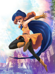 Rule 34 | 1girl, alena (dq4), black pantyhose, cape, curly hair, dragon quest, dragon quest iv, hat, jas (kda10457), looking at viewer, orange hair, pantyhose, skirt, solo, yellow skirt