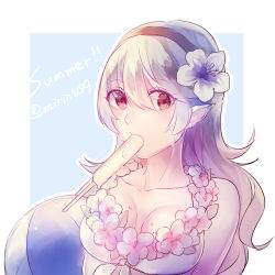 Rule 34 | 1girl, bikini, blush, breasts, corrin (female) (fire emblem), corrin (female) (summer) (fire emblem), corrin (fire emblem), fire emblem, fire emblem fates, fire emblem heroes, food, hairband, highres, long hair, looking at viewer, medium breasts, mirin., nintendo, official alternate costume, pointy ears, popsicle, red eyes, silver hair, solo, swimsuit, upper body, white background
