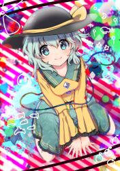 Rule 34 | 1girl, abstract background, absurdres, between legs, black hat, blush, boots, buttons, closed mouth, fish, floral print, frilled shirt collar, frilled skirt, frilled sleeves, frills, full body, gem, green eyes, green skirt, hand between legs, hat, hat ribbon, heart, highres, komeiji koishi, long sleeves, looking at viewer, radiation symbol, ribbon, rose print, rpameri, shirt, shoes, short hair, sitting, skirt, skull, smile, solo, sparkle, striped, striped background, third eye, touhou, wariza, white hair, wide sleeves, yellow shirt