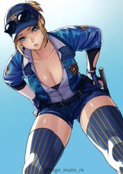 Rule 34 | 1girl, absurdres, baseball cap, blonde hair, blue eyes, blue gloves, blue jacket, blue shorts, blue thighhighs, breasts, cleavage, eyewear on head, final fight, fingerless gloves, from below, gloves, hat, highres, jacket, kagematsuri, large breasts, lucia morgan, medium breasts, open clothes, open jacket, partially fingerless gloves, police, police uniform, policewoman, shorts, solo, street fighter, street fighter v, striped clothes, striped thighhighs, sunglasses, thighhighs, uniform