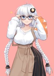 Rule 34 | 1girl, :&gt;, a.i. voice, absurdres, alternate costume, arms up, black-framed eyewear, blue eyes, blush, bow, braid, breasts, brown bow, closed mouth, cowboy shot, glasses, hair ornament, hands on eyewear, highres, kizuna akari, kizuna akari (a.i. voice), large breasts, long hair, long sleeves, looking at viewer, pink background, silver hair, simple background, skirt, smug, solo, sparkle, striped, suspender skirt, suspenders, sweater, twin braids, v-shaped eyebrows, vertical stripes, very long hair, vocaloid, voiceroid, white sweater, zooanime