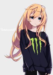 Rule 34 | 1girl, absurdres, alternate costume, black pants, black sweater, blonde hair, blue eyes, blush, casual, cowboy shot, expressionless, gabriel dropout, hair between eyes, highres, long hair, long sleeves, looking at viewer, monster energy, pants, parted lips, product placement, sazanka, solo, sweater, gabriel tenma white, very long hair
