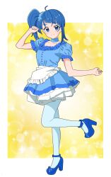 1girl alternate_costume apron blue_choker blue_dress blue_hair blue_pantyhose blue_scrunchie blue_shoes choker closed_mouth commentary cut_bangs dress frilled_dress frills full_body hair_ornament hair_scrunchie high_heels highres hirogaru_sky!_precure kousuke0912 leg_up looking_at_viewer medium_hair pantyhose petticoat precure puffy_short_sleeves puffy_sleeves scrunchie shoes short_dress short_sleeves side_ponytail single_sidelock smile solo sora_harewataru standing waist_apron white_apron yellow_background