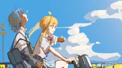 Rule 34 | 2girls, ahoge, backpack, bag, bicycle, blonde hair, blue bag, blue bow, blue bowtie, blue hair, blue jacket, blue skirt, blue sky, blue sleeves, bocchi the rock!, bow, bowtie, chinese commentary, clenched teeth, closed eyes, cloud, collared shirt, commentary request, cowboy shot, day, eyelashes, from side, hand on another&#039;s waist, head tilt, highres, hill, ijichi nijika, jacket, jacket partially removed, lingyi, long hair, long sleeves, looking at watch, miniskirt, multiple girls, nose bubble, open mouth, outdoors, polka dot bowtie, power lines, railing, red bow, red bowtie, red eyes, riding, riding bicycle, school uniform, shirt, short hair, short sleeves, shuka high school uniform, side ponytail, skirt, sky, sleeping, sweatdrop, teeth, tree, watch, watermark, weibo logo, weibo watermark, white shirt, white sleeves, wristwatch, yamada ryo