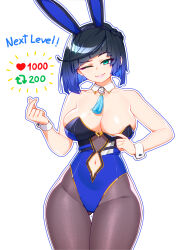 Rule 34 | 1girl, adapted costume, animal ears, bare shoulders, black pantyhose, blue hair, blue leotard, bob cut, breasts, clothing cutout, commentary, cowboy shot, demonfoo (akumafoo), detached collar, diagonal bangs, english commentary, fake animal ears, genshin impact, green eyes, highres, large breasts, leotard, looking at viewer, meme, navel, navel cutout, one eye closed, pantyhose, playboy bunny, rabbit ears, simple background, smile, solo, strapless, strapless leotard, twitter strip game (meme), white background, wide hips, wrist cuffs, yelan (genshin impact)