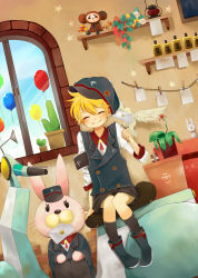Rule 34 | balloon, bedroom, bird, blonde hair, costume, closed eyes, kagamine len, letter, plant, smile, stuffed animal, stuffed toy, thighhighs, vocaloid, window