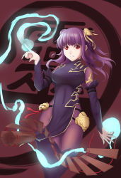 Rule 34 | 1girl, absurdres, bell, blunt bangs, bodysuit, boots, breasts, china dress, chinese clothes, covered erect nipples, detached sleeves, dress, hair ornament, highres, jingle bell, looking at viewer, magic, medium breasts, no panties, original, parted lips, pelvic curtain, purple hair, red eyes, shiro haoto, solo, thigh boots, thighhighs, twintails