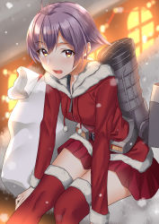 Rule 34 | 1girl, :d, antenna hair, arm support, bad id, bad pixiv id, belt, blurry, blush, breasts, christmas, coat, collarbone, commentary request, depth of field, drawstring, fur-trimmed coat, fur-trimmed legwear, fur-trimmed sleeves, fur trim, kantai collection, long sleeves, looking at viewer, machinery, miniskirt, open mouth, outdoors, pallad, pleated skirt, purple hair, red coat, red skirt, red thighhighs, sack, sailor collar, sailor shirt, sakawa (kancolle), santa costume, shirt, short hair, sidelocks, sitting, skirt, small breasts, smile, smokestack, snowing, solo, tareme, thighhighs, yellow eyes, zettai ryouiki