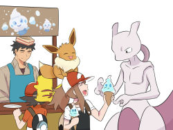 Rule 34 | 1girl, 2boys, :d, ^ ^, baseball cap, black hair, brown hair, casteliacone, chase (pokemon), closed eyes, commentary, creature, creatures (company), eevee, elaine (pokemon), english commentary, facing another, food, game freak, gen 1 pokemon, gen 5 pokemon, happy, hat, holding, holding food, legendary pokemon, long hair, looking at another, mewtwo, multiple boys, nintendo, on head, open mouth, pikachu, pokemon, pokemon (creature), pokemon lgpe, pokemon on head, ponytail, rainyazurehoodie, serious, simple background, smile, spiked hair, vanillite, white background