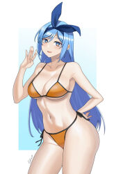 Rule 34 | 1girl, :d, aori sora, bae minah (chaesu), bikini, blue hair, blue hairband, borrowed character, bright pupils, commentary, cowboy shot, english commentary, hairband, hand on own hip, hand up, highres, long hair, looking at viewer, navel, open mouth, orange bikini, original, purple eyes, smile, solo, standing, stomach, swimsuit, thighs, very long hair, white pupils