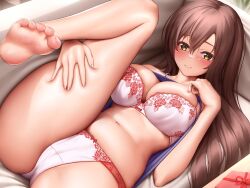 Rule 34 | 1girl, bare legs, barefoot, blue shirt, bra, brown eyes, brown hair, closed mouth, clothes lift, commentary request, couch, etsunami kumita, feet, gift, grabbing own thigh, hair between eyes, highres, indoors, long hair, looking at viewer, lying, navel, on back, original, panties, pink bra, pink panties, shirt, shirt lift, smile, soles, solo, thighs, toes, underwear