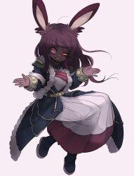 Rule 34 | 1girl, absurdres, animal ears, antenna hair, black footwear, blue jacket, breasts, character request, commission, dark-skinned female, dark skin, dated commentary, dress, final fantasy, highres, hwaryeok, jacket, long hair, purple hair, rabbit ears, rabbit girl, red eyes, small breasts, smile, solo, very dark skin, viera, white background, white dress