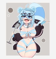 Rule 34 | 1girl, absurdres, animal ears, blue eyes, blue hair, breasts, curvy, earrings, eyelashes, fangs, fingerless gloves, gloves, grey background, highres, huge breasts, indie virtual youtuber, jacket, jewelry, looking at viewer, microphone, mossyartburger, naked ribbon, navel, neckerchief, open clothes, open jacket, open mouth, raccoon ears, raccoon girl, raccoon tail, ribbon, simple background, smile, snuffy (vtuber), tail, thick thighs, thighs, virtual youtuber, wide hips