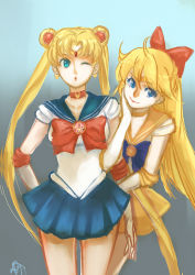 Rule 34 | 2girls, ;o, aino minako, arm hug, bare legs, bishoujo senshi sailor moon, bishoujo senshi sailor moon r, blonde hair, blue eyes, blue sailor collar, blue skirt, bow, brooch, choker, elbow gloves, gloves, gradient background, hair bow, hand on own chin, hand on own face, hug, jewelry, liliore(l.ily), long hair, magical girl, multiple girls, neck, necklace, one eye closed, orange choker, orange sailor collar, orange skirt, pleated skirt, red bow, red choker, sailor collar, sailor moon, sailor senshi, sailor venus, signature, skirt, standing, tsukino usagi, twintails, very long hair, white gloves, yuri