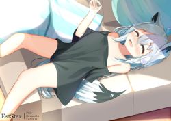 Rule 34 | 1girl, :d, ^ ^, animal ear fluff, animal ears, arm behind back, aties20, bare shoulders, black shirt, blush, breasts, closed eyes, couch, facing viewer, feet out of frame, fox ears, fox girl, fox tail, grey hair, hair between eyes, hand up, hololive, long hair, lying, off-shoulder shirt, off shoulder, on back, on couch, open mouth, pillow, shirakami fubuki, shirt, short sleeves, small breasts, smile, solo, tail, very long hair, virtual youtuber, wide sleeves