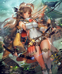 Rule 34 | 1girl, armor, armpits, asymmetrical legwear, bare shoulders, bird, blush, branch, breasts, brown eyes, brown hair, clenched hand, crown, detached sleeves, feather hair ornament, feathers, fingernails, flower, hair ornament, holding, holding sword, holding weapon, impossible clothes, katana, large breasts, liduke, long hair, looking at viewer, official art, outdoors, parted lips, scabbard, sengoku saga, sheath, short shorts, shorts, single thighhigh, solo, standing, sword, thighhighs, uneven legwear, walking, watermark, weapon