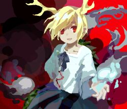 Rule 34 | 1girl, antlers, blonde hair, blue ribbon, blue shirt, blue sky, commentary request, cowboy shot, flat chest, highres, horns, kaigen 1025, kicchou yachie, looking at viewer, open mouth, red eyes, ribbon, shirt, short hair, sketch, sky, smile, solo, touhou