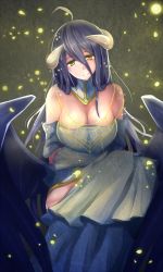 Rule 34 | 1girl, albedo (overlord), black hair, breasts, cleavage, demon girl, dress, female focus, gloves, gradient background, hip vent, horns, kazasuzu, large breasts, long hair, looking at viewer, overlord (maruyama), smile, solo, wings, yellow eyes
