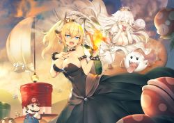 Rule 34 | 1boy, 2girls, armlet, bare shoulders, black collar, black dress, black leotard, blonde hair, blue eyes, blush, boo (mario), bowsette, bracelet, breasts, cleavage, collar, crown, dress, earrings, facial hair, finger to mouth, fingernails, fire, floating, frills, ghost, gloves, goomba, hair between eyes, hand on own chest, hand up, hands on own face, hat, highres, horns, jewelry, koopa troopa, large breasts, leotard, long hair, looking at viewer, luigi&#039;s mansion, mario, mario (series), multiple girls, mustache, new super mario bros. u deluxe, nintendo, open mouth, outdoors, overalls, pale skin, piranha plant, plumber, pointy ears, ponytail, princess king boo, purple eyes, sharp fingernails, sharp teeth, short sleeves, spiked armlet, spiked bracelet, spiked collar, spiked shell, spiked tail, spikes, strapless, strapless dress, strapless leotard, sunset, super crown, tail, teddy (khanshin), teeth, toad (mario), tongue, tongue out, turtle shell, white dress, white gloves, white hair