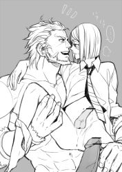 Rule 34 | 2boys, anus, artist request, ass, blush, bottomless, fate/zero, fate (series), iskandar (fate), male focus, monochrome, multiple boys, naughty face, penis, simple background, size difference, source request, tagme, waver velvet, yaoi