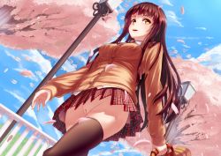 Rule 34 | 1girl, bag, blush, bottomless, breasts, brown eyes, brown hair, brown thighhighs, cardigan, cherry blossoms, cleft of venus, cloud, day, female focus, from below, highres, lamppost, long hair, medium breasts, no panties, open mouth, original, outdoors, petals, plaid, plaid skirt, pleated skirt, pussy, railing, school bag, school uniform, shirt, skirt, sky, solo, standing, thighhighs, third-party edit, touboku, uncensored, walking