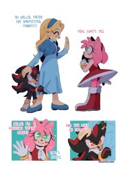Rule 34 | 1boy, 2girls, age difference, amy rose, black fur, blue headband, blush, boots, dress, english text, furry, furry female, furry male, gloves, green eyes, headband, hedgehog, hedgehog ears, hedgehog girl, hedgehog tail, high heels, highres, long hair, long sleeves, maria robotnik, multiple girls, nose hook, pink fur, red eyes, red headband, shadow the hedgehog, short hair, sleeveless, sleeveless dress, sonic (series)