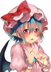 Rule 34 | 1girl, asagi yuna, bad id, bad pixiv id, bat wings, blue hair, blush, bow, brooch, dress, fang, hat, hat bow, highres, jewelry, looking at viewer, mob cap, open mouth, pink dress, pointy ears, puffy short sleeves, puffy sleeves, red eyes, remilia scarlet, short sleeves, simple background, slit pupils, solo, touhou, upper body, white background, wings, wrist cuffs