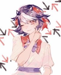 Rule 34 | 1girl, ;), arrow (symbol), black nails, cone horns, eyebrows hidden by hair, flat chest, hand up, horns, kijin seija, looking at viewer, multicolored hair, nail polish, one eye closed, pink eyes, shirt, short hair, short sleeves, simple background, smile, solo, streaked hair, swept bangs, touhou, upper body, v, white background, white shirt, y m xanadu