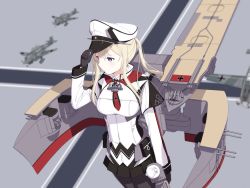 Rule 34 | 10s, 1girl, adjusting clothes, adjusting headwear, aircraft, airplane, anchor symbol, bad id, bad pixiv id, black gloves, blonde hair, cannon, caplet, cnm, collared shirt, gloves, graf zeppelin (kancolle), hat, junkers ju 87, kantai collection, mecha musume, military, military uniform, necktie, pantyhose, peaked cap, pleated skirt, purple eyes, shirt, skirt, solo, twintails, uniform, white hat, white shirt