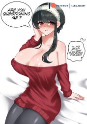 Rule 34 | 1girl, areola slip, black hair, breasts, cleavage, english text, huge breasts, long hair, luex, pantyhose, red eyes, sitting, solo, spy x family, yor briar
