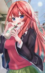 Rule 34 | 1girl, absurdres, ahoge, bag, black jacket, blue eyes, blurry, blush, bokeh, breasts, cardigan, city, coffee, coffee cup, collared shirt, commentary, cowboy shot, cup, day, depth of field, disposable cup, go-toubun no hanayome, green skirt, hair ornament, highres, holding, holding cup, huge filesize, jacket, long hair, long sleeves, looking at viewer, nakano itsuki, open mouth, outdoors, pleated skirt, rain sunny, red cardigan, red hair, shirt, skirt, smile, solo, star (symbol), star hair ornament, starbucks, sun, teeth, upper teeth only, white shirt