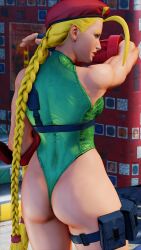 Rule 34 | 1girl, 3d, antenna hair, ass, ass focus, bare shoulders, blonde hair, blue eyes, braid, breasts, cammy white, covered navel, curvy, gloves, green leotard, hat, highleg, highleg leotard, highres, huge ass, leotard, lips, long hair, looking to the side, medium breasts, red gloves, red hat, ryona, screencap, shiny clothes, skindentation, solo, street fighter, street fighter v, thighs, third-party edit, thong leotard, twin braids, very long hair, wide hips