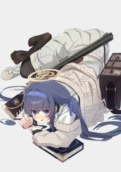 Rule 34 | 1girl, blue archive, book, feet, grimoire, gun, hairband, highres, light blush, long hair, looking at viewer, open mouth, pantyhose, purple eyes, shoes, unworn shoes, single shoe, slippers, soles, suitcase, ui (blue archive), weapon